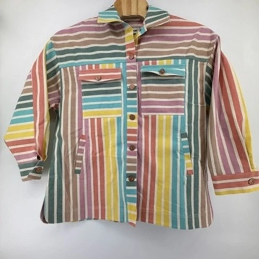 Nocturne Striped Jacket Multi Color Button Front Detachable Fur Collar 2XL‎ NEW - Picture 3 of 9